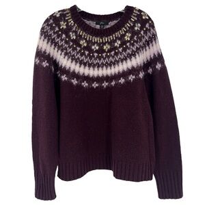 NWOT J.Crew Jeweled Embellished Fair Isle Crewneck Sweater Wine SZ XXL